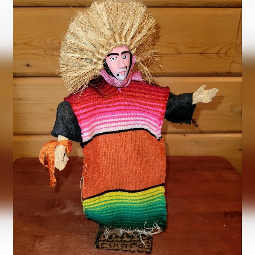 Vintage Chiapas Mexico Folk Art Carved Wood Doll with Posable Arms, Woven Poncho